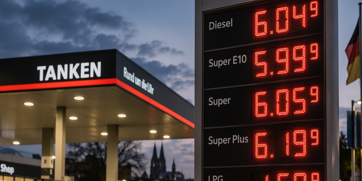 KI-Satire: Eine deutsche Tankstelle zeigt wechselnde Fantasiepreise von bis zu knapp zehn Euro pro Liter