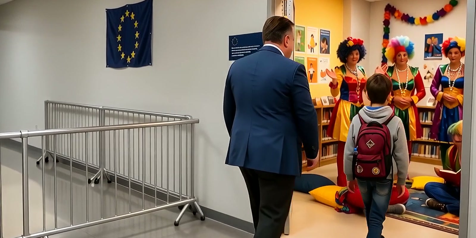 KI-Satire: Ein EU-Beamter steckt das konfiszierte Smartphone ein und weist einen Jungen in einen Raum mit einer Drag-Vorlesestunde
